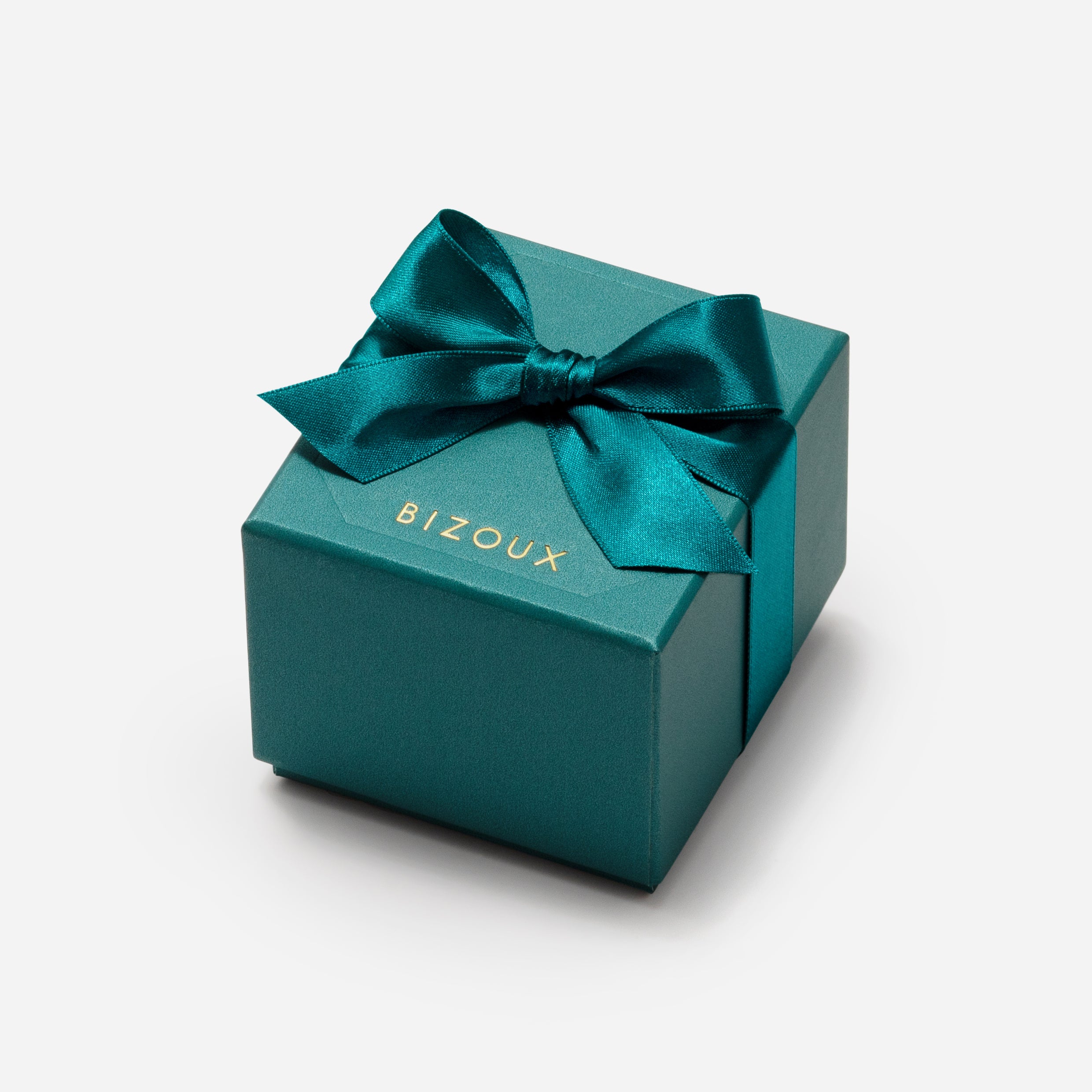Teal gift box with a satin ribbon and bow.