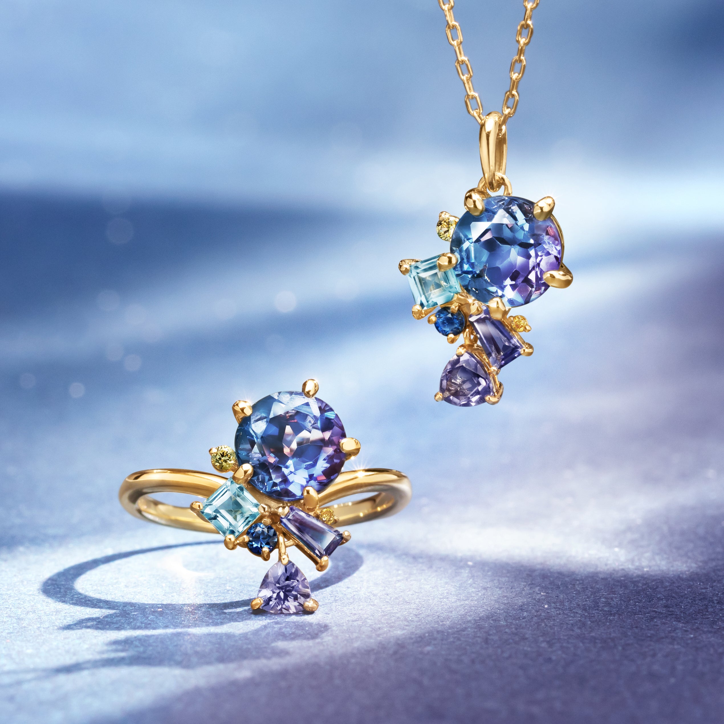 【即日発送】カラーチェンジフローライト×マルチカラージュエル K18/PTリング・ベルエゼン