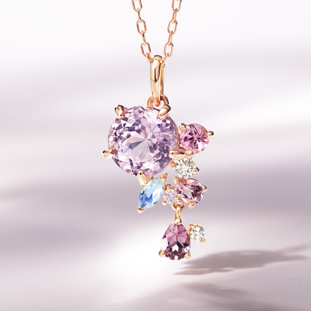 【即日発送】クンツァイト×マルチカラージュエル K18/PTペンダントトップ・サクラベルエゼン