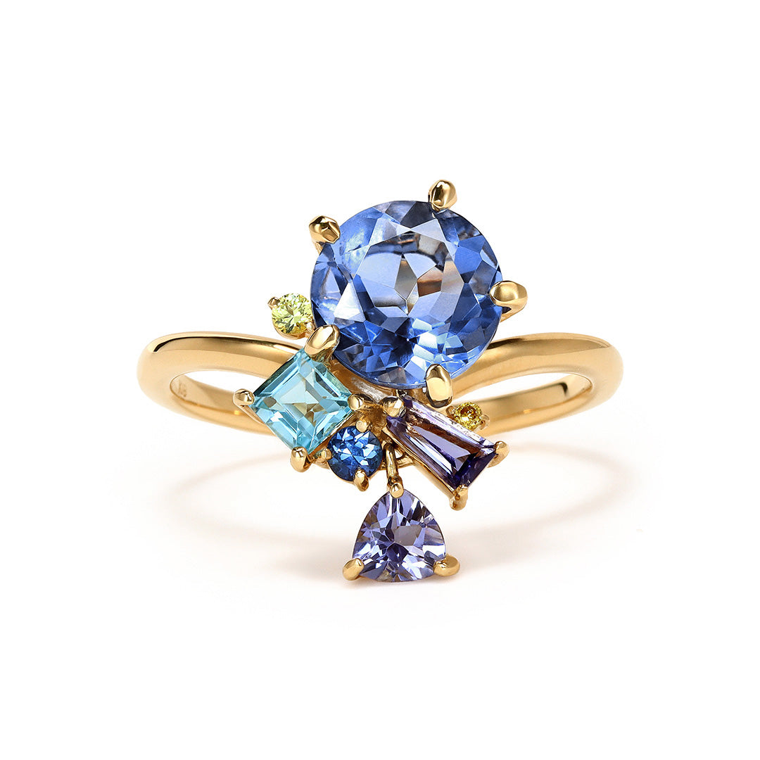 【即日発送】カラーチェンジフローライト×マルチカラージュエル K18/PTリング・ベルエゼン