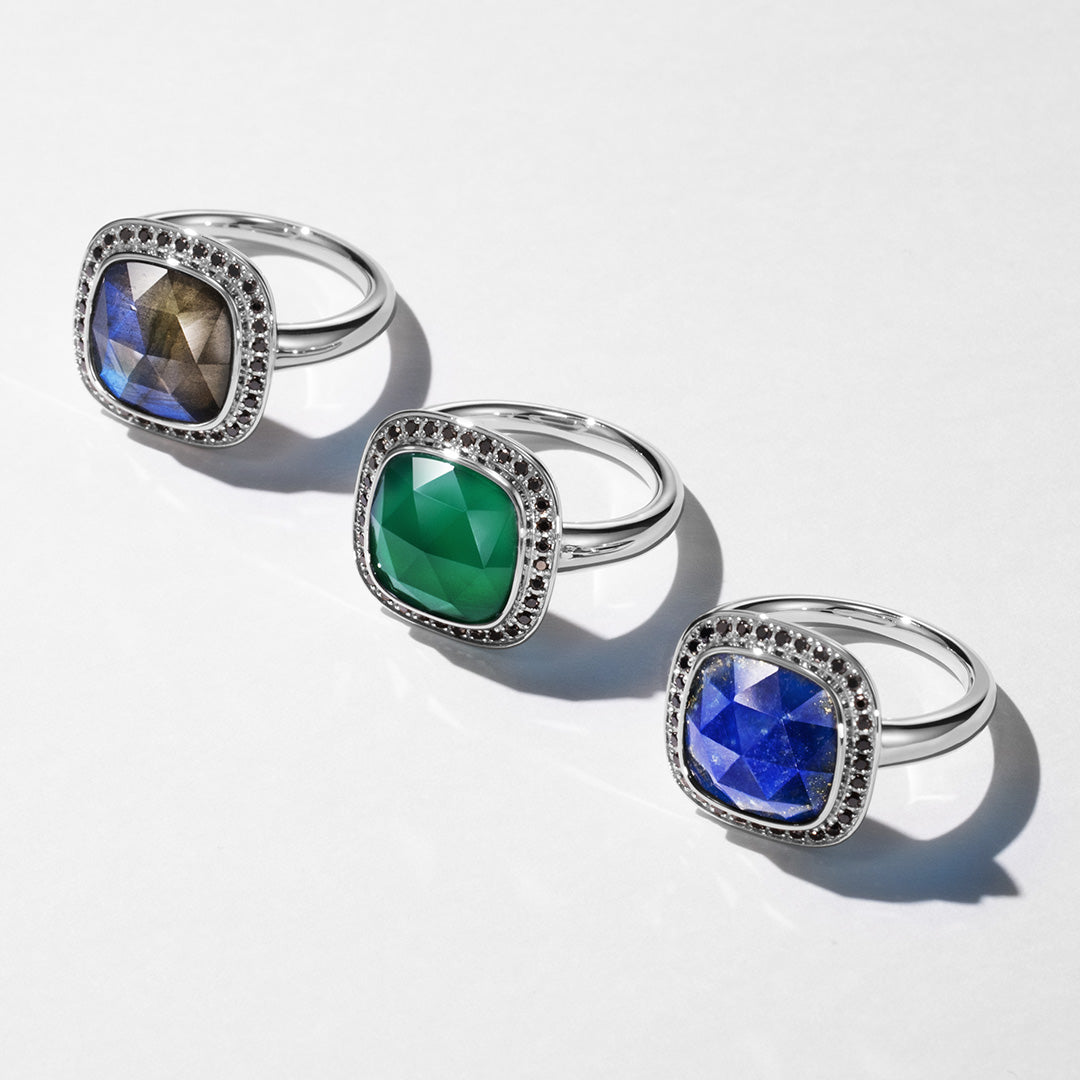 【即日発送】3カラーストーン×ブラックダイヤ SV925 リング・ジオメアヘイロー