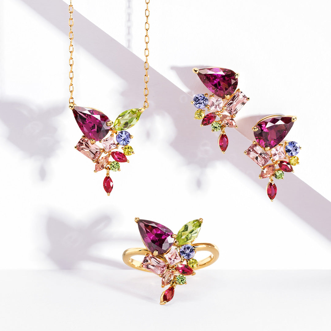 ロードライトガーネット×マルチカラージュエル K18/PTピアス(両耳)・ベルエゼン