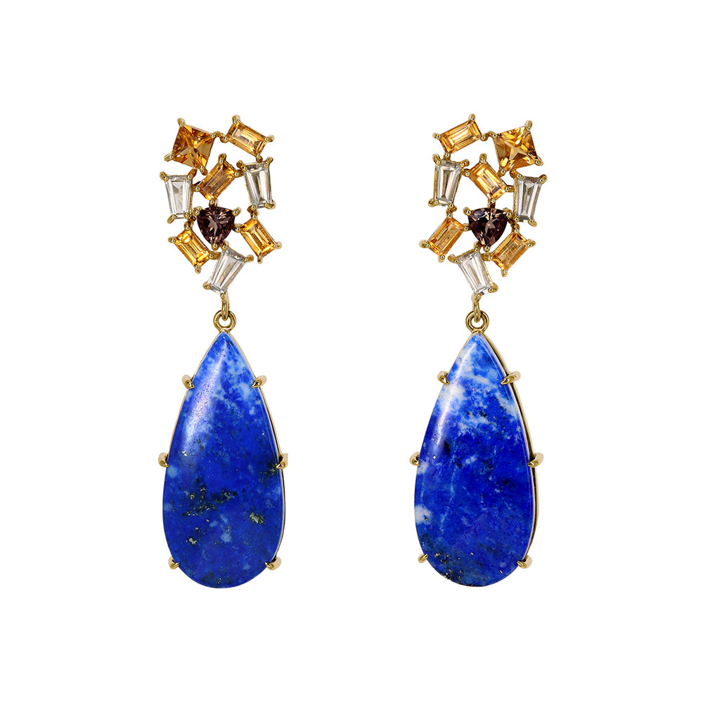 ラピスラズリ×シトリン×スモーキークォーツ K10ピアス(両耳)・ザフォラD03