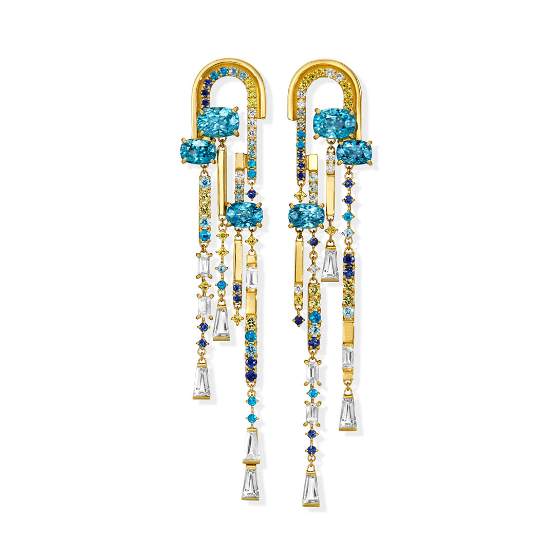 【Tales of Her・京都店限定】ブルージルコン×マルチカラージュエル K18ピアス(両耳)・ニュワイエ